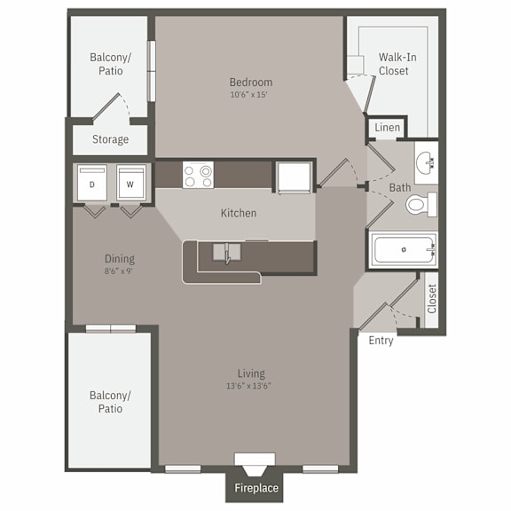 A floor plan of a house with a balcony, a kitchen, a dining area, a living room, a bedroom, a bathroom, and storage.