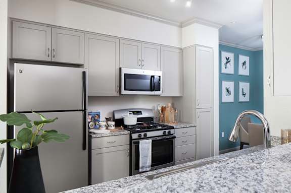 a kitchen with stainless steel appliances and a counter top