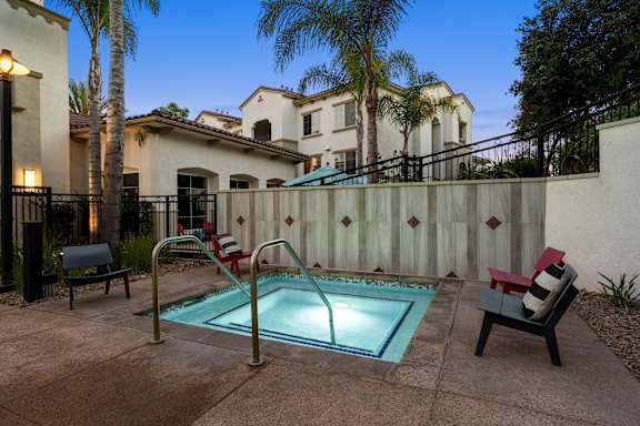 A resort-style heated spa surrounded by palm trees and lounge chairs.