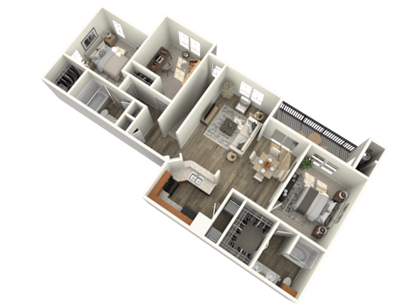 A 3D floor plan of a house with multiple rooms and furniture.