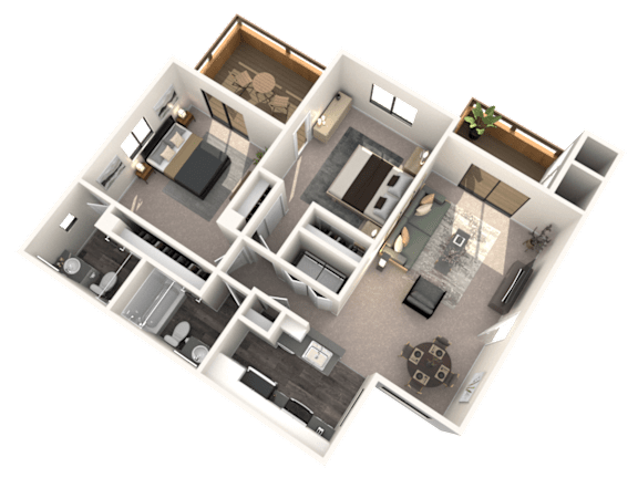 Floor Plan  A 3D floor plan of a house with multiple rooms and furniture.
