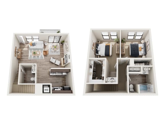 a stylized floor plan of a house with a bedroom and a living room