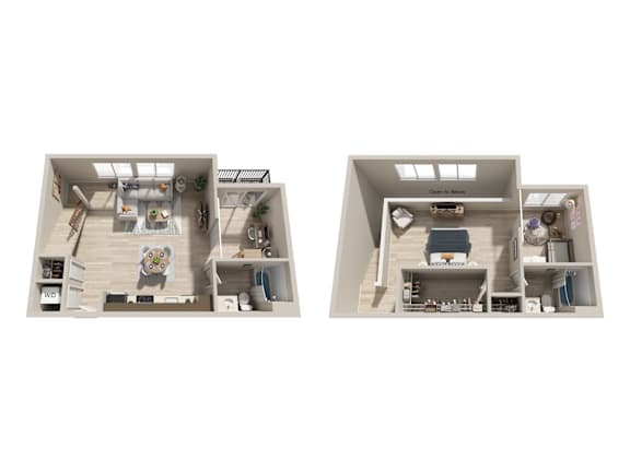 Floor Plan  Two images of a dollhouse interior with furniture and decorations.