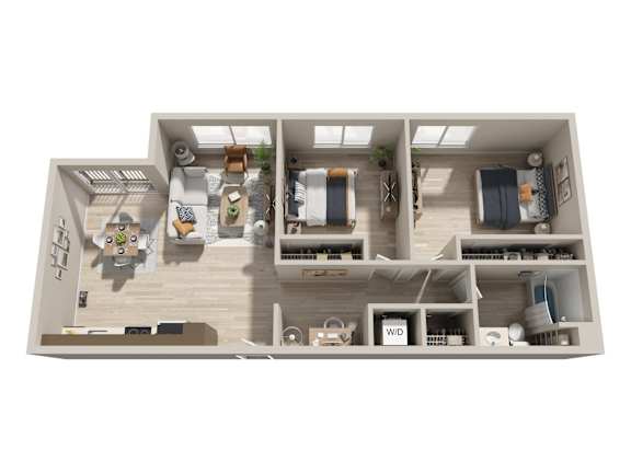 3D two bedroom apartment with open concept layout at Six Oaks Apartments, Bothell, 98011