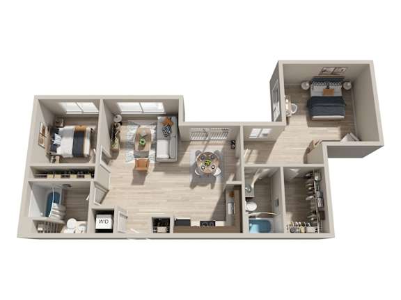 3D two bedroom floor plan with living and dining areas at Six Oaks Apartments, Washington