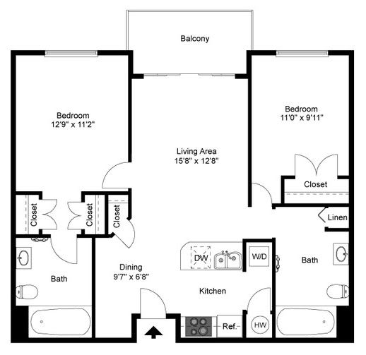 A black and white image of a floor plan for a two-bedroom apartment.