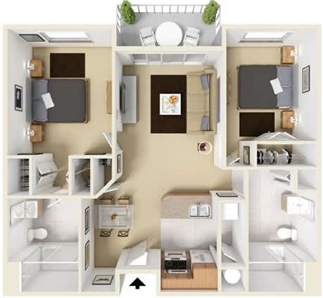 A diagram of a small apartment with a kitchen, living room, and bathroom.