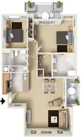A floor plan of a house with a kitchen, living room, and two bedrooms.