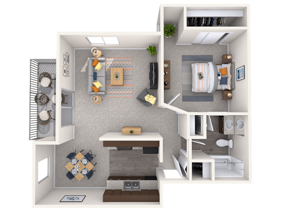 A 3D floor plan of a small apartment with a kitchen, living room, and bathroom.