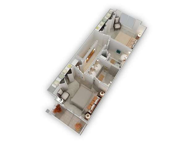 A 3D floor plan of a house with a kitchen, living room, and bathroom.
