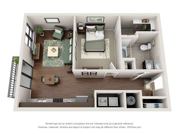 A 3D floor plan of a small apartment with a kitchen, living room, and bedroom.
