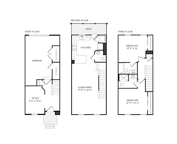 A set of three floor plans for a house with a garage, study and bedrooms.