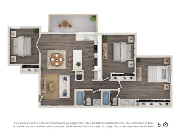A floor plan of an apartment with a kitchen, living room, and bedrooms.