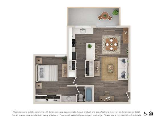 A floor plan of an apartment with a kitchen, living room, and bathroom.