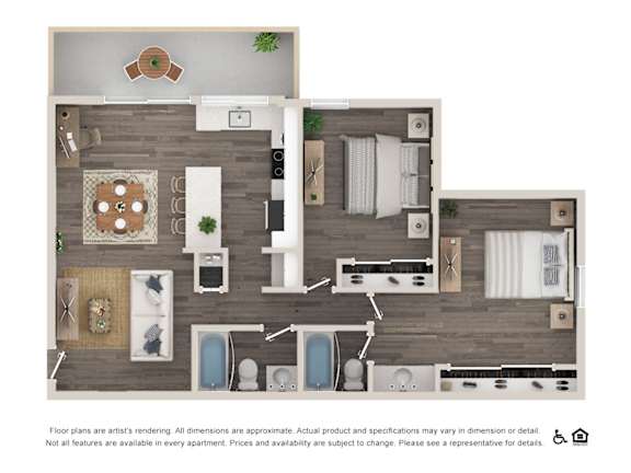 A floor plan of an apartment with a kitchen, living room, and bedrooms.