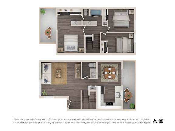 A floor plan of an apartment with two bedrooms, a living room, a kitchen, and a bathroom.