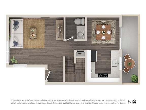 A floor plan of an apartment with a kitchen, living room, and dining area.