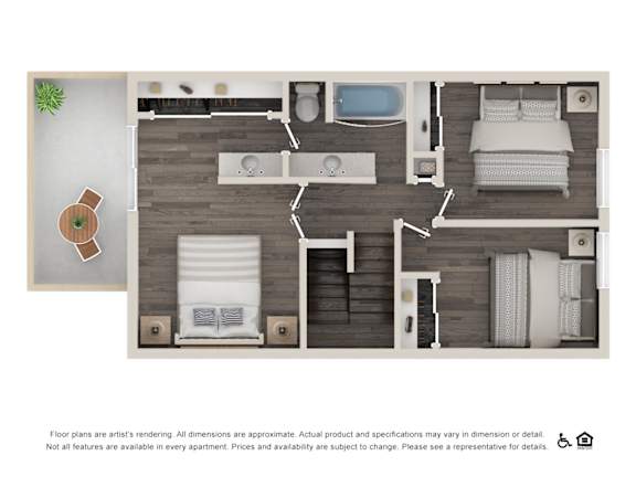 A floor plan of a room with a bed, a couch, a table, and a chair.