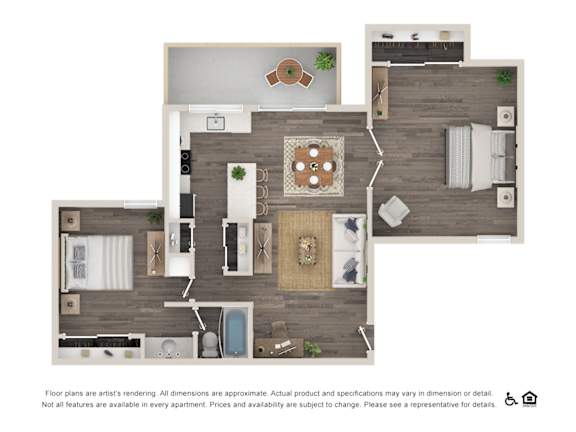 A floor plan of an apartment with a kitchen, living room, and bedrooms.