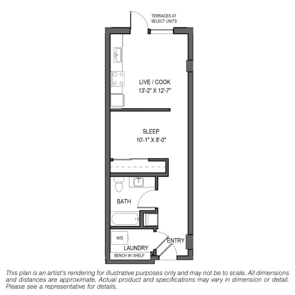 a floor plan of a studio apartment with a bedroom and a bathroom