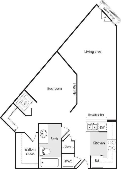 A drawing of a house layout with labeled rooms such as Living area, Bedroom, Kitchen, Bath, and Breakfast Bar.