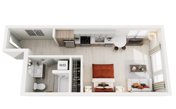 A top-down view of a small apartment with a kitchen, living room, and bathroom.