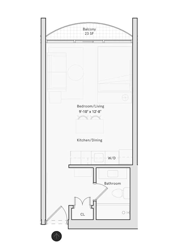A drawing of a house plan with a balcony, bedroom, kitchen, bathroom, and closet.