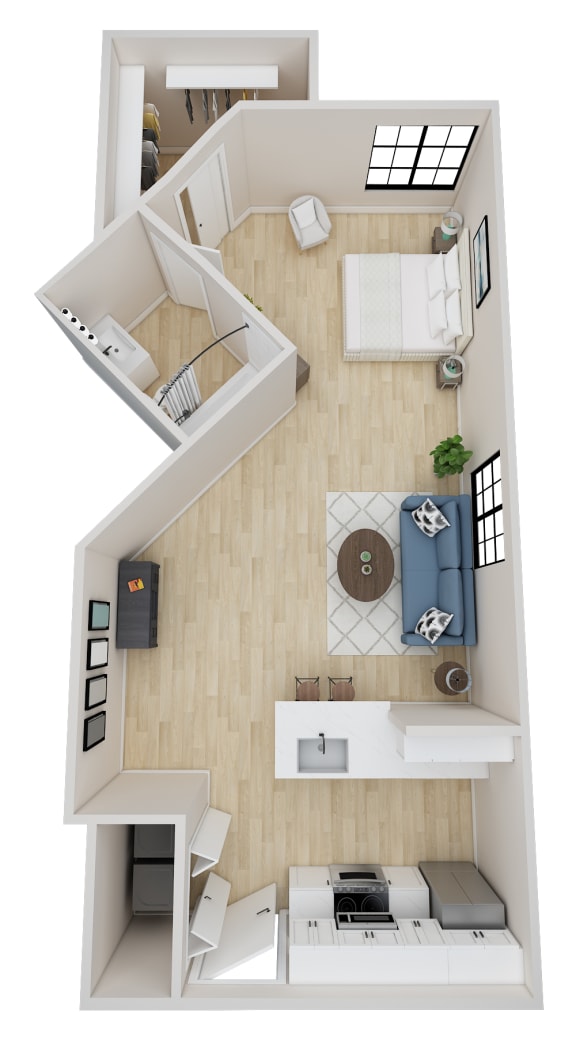a stylized floor plan of a two bedroom apartment