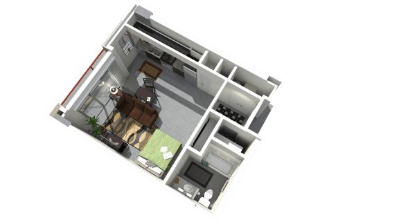 a 3d rendering of a micro apartment floor plan