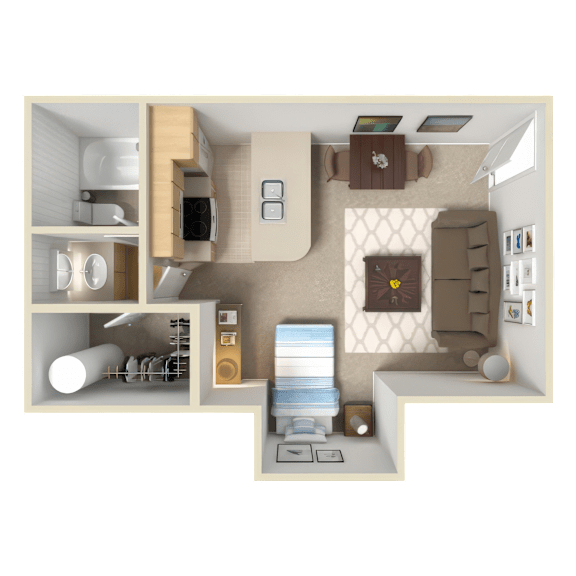 A 3D rendered image of a small apartment layout.