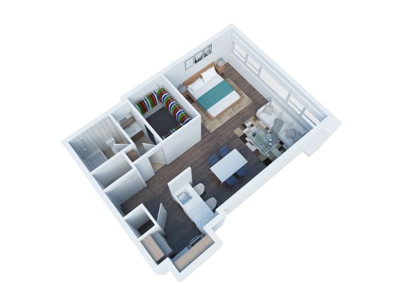 bedroom floor plan an in 3d at The View, Los Angeles