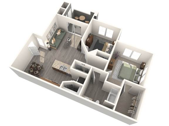 A 3D rendered image of a house layout.