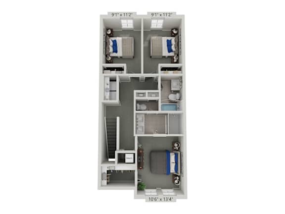 A diagram of a small apartment layout with two bedrooms, a living room, and a kitchen.