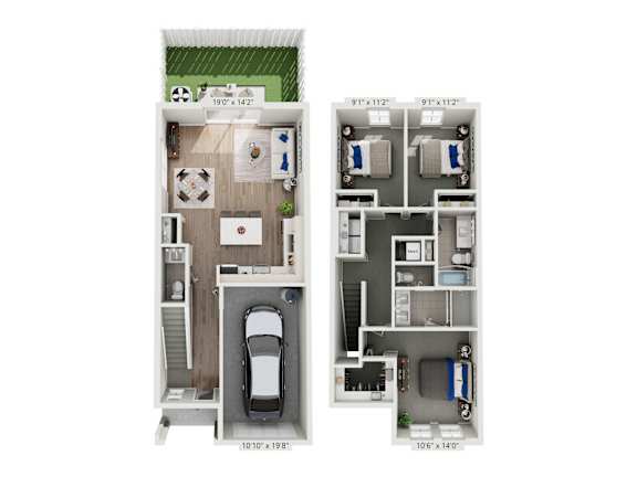 A diagram of a two-bedroom apartment with dimensions.