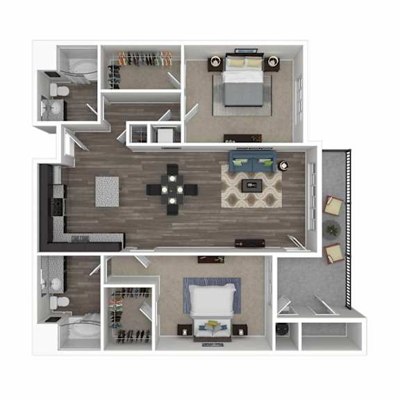 A top-down view of a small apartment with a living room, kitchen, and bathroom.