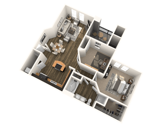 A 3D floor plan of a house with a kitchen, living room, and two bedrooms.