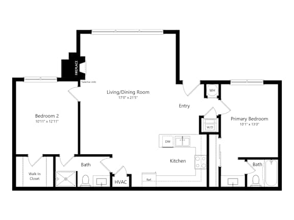 A floor plan of a home with a living/dining room, two bedrooms, a kitchen, and a bath.