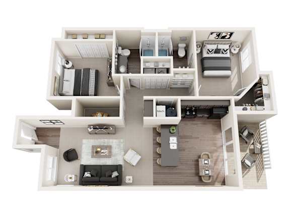A top-down view of a modern apartment layout.