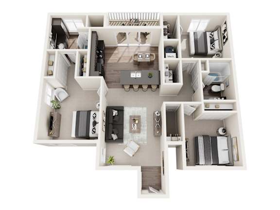 A floor plan of a house with a kitchen, living room, and two bedrooms.