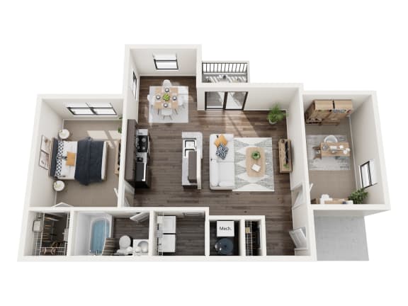 a bedroom with a living room and a dining room