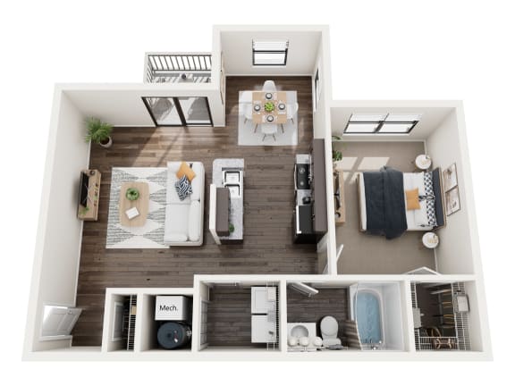 a bedroom with a living room and a dining room