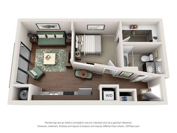 A 3D floor plan of a small apartment with a living room, kitchen, and bathroom.