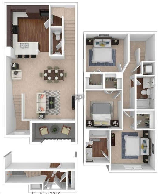 A floor plan of a two-bedroom apartment with a living room, kitchen, and bathroom.