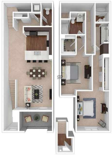 A floor plan of an apartment with a kitchen, living room, and bedrooms.