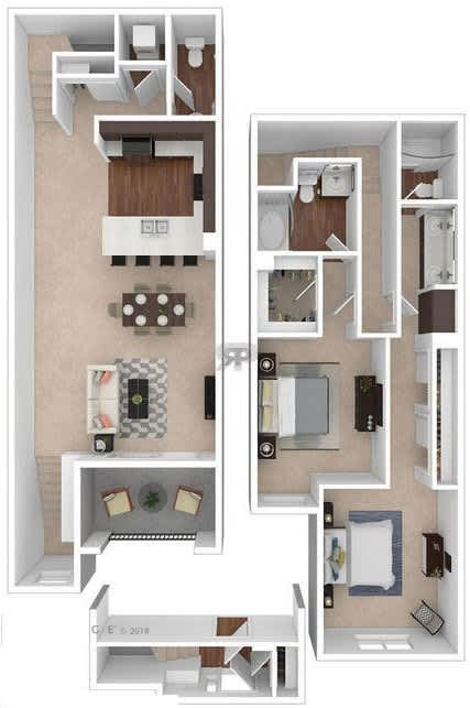 A floor plan of a small apartment with a kitchen, living room, and bedroom.