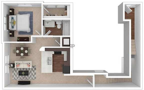 A floor plan of a small apartment with a kitchen, living room, and bathroom.