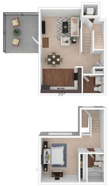 A floor plan of a small apartment with a kitchen, living room, and bedroom.