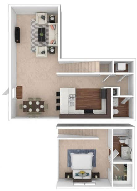 A floor plan of a small apartment with a bedroom, living room, and kitchen.
