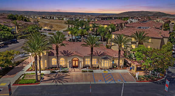 A large house with a driveway and palm trees in front.