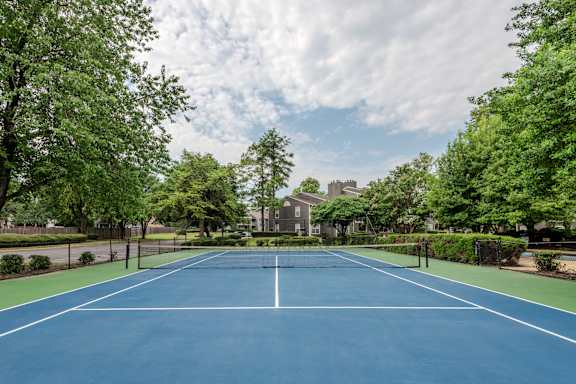 A blue tennis court surrounded by green trees.